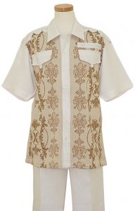 Prestige 100% Linen White / Sand / Taupe Safari Self Embroidered Design 2 PC Outfit With Shoulder Epaulets 162