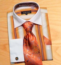 Avanti Uomo Rust / White Pinstripes Design Shirt / Tie / Hanky Set With Free Cufflinks DN59M