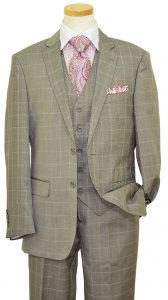 Bertolini Brown / Cream Windowpanes Design Wool & Silk Blend Vested Suit B79426