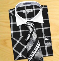 Fratello Black / White Windowpanes Shirt / Tie / Hanky Set With Free Cufflinks FRV4123P2