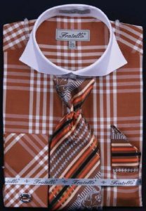 Fratello Brown Checker Pattern Two Tone Shirt / Tie / Hanky Set With Free Cufflinks FRV4118P2