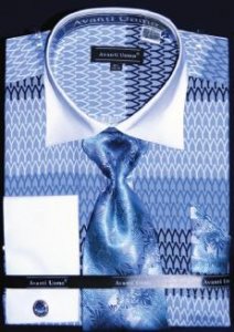 Avanti Uomo Navy / Royal / Light Blue Pointed Two Tone Design 100% Cotton Shirt / Tie / Hanky Set With Free Cufflinks DN61M.