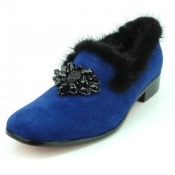 Fiesso Blue Suede With Rhinestones / Fur Slip-On Shoes FI7306.