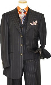 Luciano Carreli Collection Navy Blue / Brown High Twist Weave With Cognac / Sky Blue Dual Pinstripes With Brown Hand-Pick Stitching Super 150'S Vested Suit 6287-2571