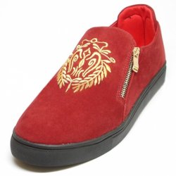 Fiesso Burgundy Leather Embroidery Loafer Shoes With Zipper FI2139