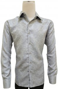 Bagazio Silver Paisley Embroidered Long Sleeve Satin Shirt BM1948