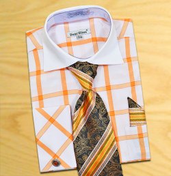 Daniel Ellissa White / Orange Windowpanes Shirt / Tie / Hanky Set With Free Cufflinks DS3768P2