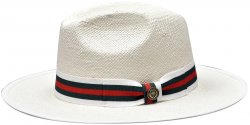 Bruno Capelo White / Dark Green / Red Banded Flat Brim Straw Fedora Hat VA-400