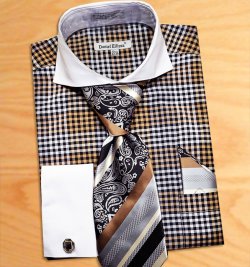 Daniel Ellissa Black / Tan / White Windowpanes Shirt / Tie / Hanky Set With Free Cufflinks DS3760P2