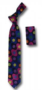 Steven Land "Big Knot" BW623 Navy / Black / Fucsia Multicolor Polka Dot Design 100% Woven Silk Necktie / Hanky Set