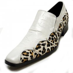 Fiesso White / Leopard Genuine Leather Loafer Shoes With Weaved On Side FI6676