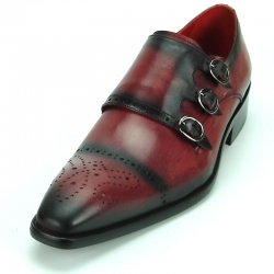 Encore By Fiesso Burgundy Genuine Leather Triple Buckle Loafer Shoes FI8703.