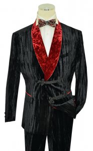 Lanzino Black / Cranberry Red Marble Velvet Double Breasted Modern Fit Suit SLM305