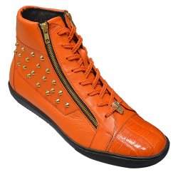 Belvedere "Dante" Orange Genuine Crocodile And Soft Italian Calf Ankle Boots With Side Zipper / Stud / Alligator Head 33010