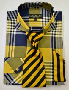 Daniel Ellissa Mustard / Gold / Navy Windowpane Shirt / Tie / Hanky Set FC7001