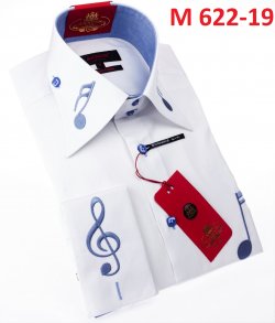 Axxess White / Powder Blue Cotton Music Design Modern Fit Dress Shirt With Button Cuff M622-19.