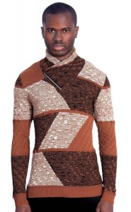 LCR Cognac / Black / White Modern Fit Cotton Blend Pull-Over Shawl Collar Sweater 2425