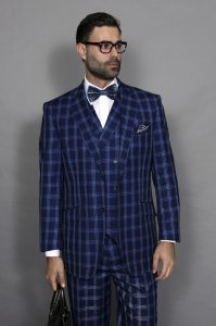 Statement Confidence Navy Blue / Sapphire / Grey Plaid Super 150's Wool Vested Suit TZ-954