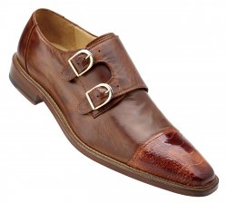 Belvedere "Amico" Brandy Genuine Ostrich / Antique Brown Italian Calf Double Monk Strap Shoes 1618.