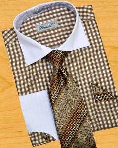 Fratello Brown / White Windowpanes With Spread Collar Dress Shirt/Tie/Hanky Set FRV4115P2