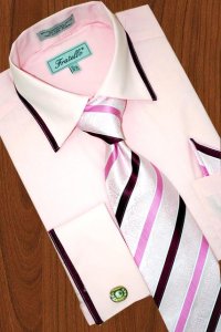 Fratello Pink With Burgandy Trim Collar & French Cuffs Shirt FRV4907