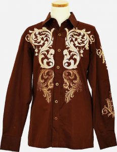 Prestige Brown With Brown / Tan / White Embroidery 100% Cotton Long Sleeve Casual Shirt COT-146