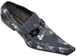 Fiesso Dark Grey With White Embroidered Paisley Design Diagonal Toe Denim Leather Shoes With Metal Bracelet And Stud FI8116