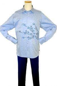 Brandolini Sky Blue / Royal Blue Embroidered Design Long Sleeves Cotton Shirt 1VCR90