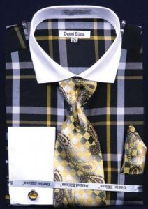 Daniel Ellissa Black / Yellow Windowpanes Shirt / Tie / Hanky Set With Free Cufflinks DS3771P2
