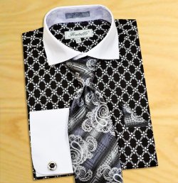 Fratello Black / White Diamond Weave Design 100% Cotton Shirt / Tie / Hanky Set With Free Cufflinks FRV4126P2.