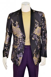 Lanzino Black / Lavender / Gold Lurex Floral Design Shawl Collar Blazer SLM084