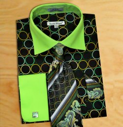 Daniel Ellissa Black / Lime Green / Multicolor Circular Design Shirt / Tie / Hanky Set With Free Cufflinks DS3784P2