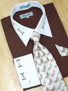 Fratello Brown With Brown / Beige Laced Spread Collar And French Cuffs Shirt/Tie/Hanky Set FRV4105P2
