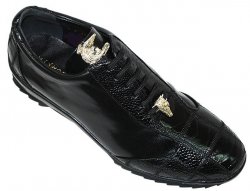 La Scarpa "Zeus" Black Genuine Ostrich And Lambskin Leather Casual Sneakers With Silver Alligator On Front