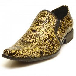 Fiesso Metallic Gold / Black Hand Painted Artistic Design Leather Loafer Shoes FI6775.