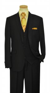 Rossi Man "Caesar RM201" Black With Black Handpick Stitching Super 150's Wool Double Lapel Vested Suit