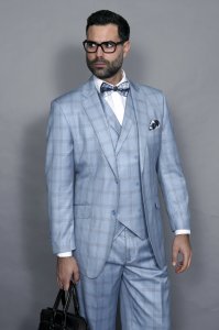 Statement Confidence Powder Blue / Brown Windowpane Super 150's Wool Vested Classic Fit Suit TZ-953