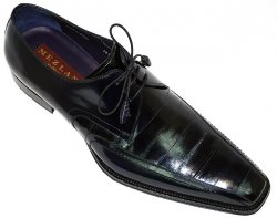 Mezlan "Turin" Black Genuine Eel And Polished Cordovan Leather Shoes