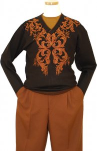 Prestige Brown With Cognac Embroidered Paisley Design V-Neck Knitted Sweater