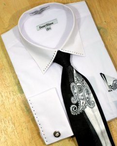 Daniel Ellissa Solid White With Crystals Shirt/Tie/Hanky Set With Free Cuff Links DS3746P2