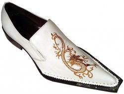 Fiesso White Copper Embroidered Dragon Shoes w/Metal Tip FI6206