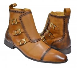 Carrucci Cognac Calfskin Leather Boots With Three Monk Straps KB8018-16