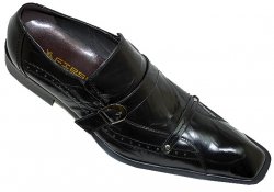 Fiesso Black Pointed Toe Wrinkle Leather Shoes With Monk Strap & Buckle Closure FI6412