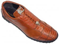 La Scarpa "Zeus" Cognac Genuine Ostrich And Lambskin Leather Casual Sneakers With Silver Alligator On Front