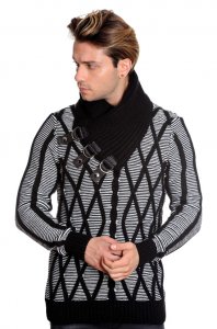 LCR Black / White Shawl Collar Pull-Over Modern Fit Wool Blend Sweater 5965