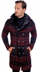 LCR Burgundy / Black / Grey Double Breasted Modern Fit Wool Blend 3/4 Sweater Jacket 6285