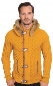 LCR Mustard Gold Modern Fit Faux Fur Hooded Wool Blend Cardigan Sweater 6205