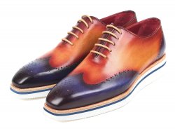 Paul Parkman "188-BLU-CML" Blue / Camel Genuine Calfskin Casual Wingtip Oxfords Shoes .