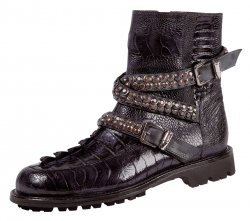 Mauri 2434 "Echo" Charcoal Grey Genuine Ostrich Leg / Hornback Crocodile Tail / Calf Hand Painted Leather Boots With Metal Studded Strap