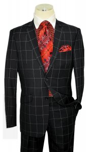 Verno Black / White / Sky Blue Windowpane Slim Fit Suit G285-1